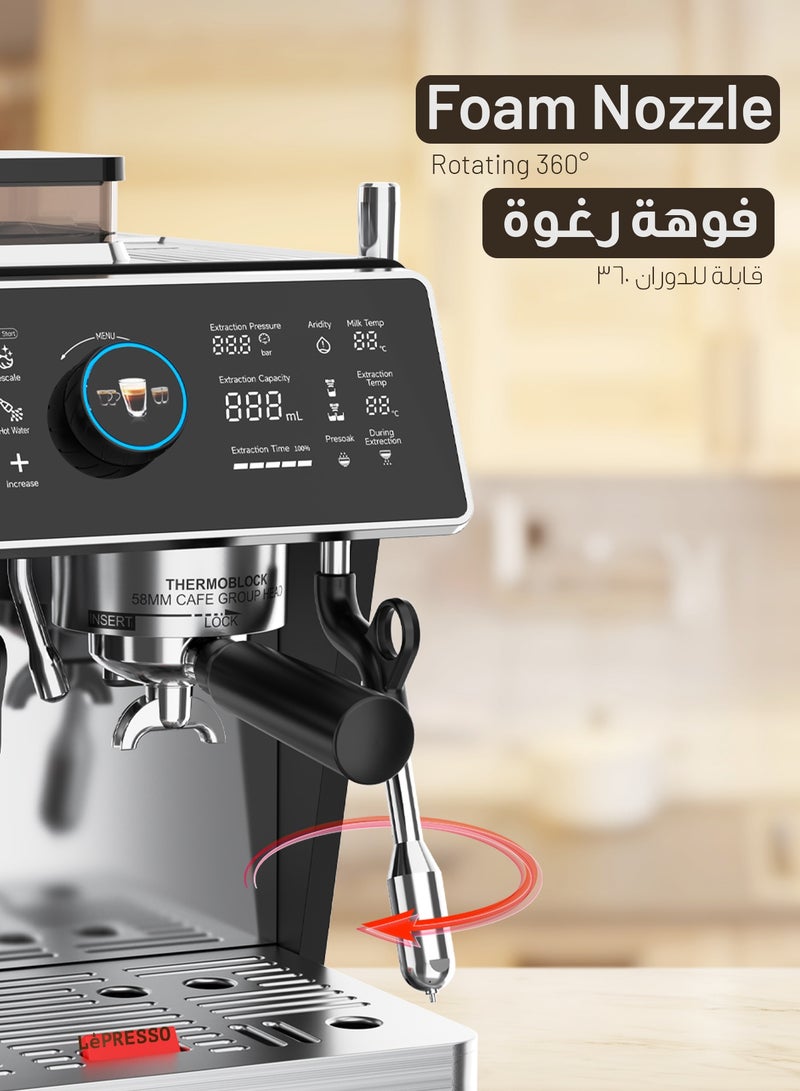 LePRESSO Semi Automatic Dual Boiler Coffee Machine with Touch Display & Adjustable Grinder, Espresso Maker, Milk Steamer, 20 Bar Pressure, Pitcher, Portafilter, Included Portafilter Bottomless 58mm Coffee Machines, Stainless Steel, Wood, Alloy(Ring), Ergonomic Design, Scoop & Tamper Included, Good for Home, Office, and more - Image 5